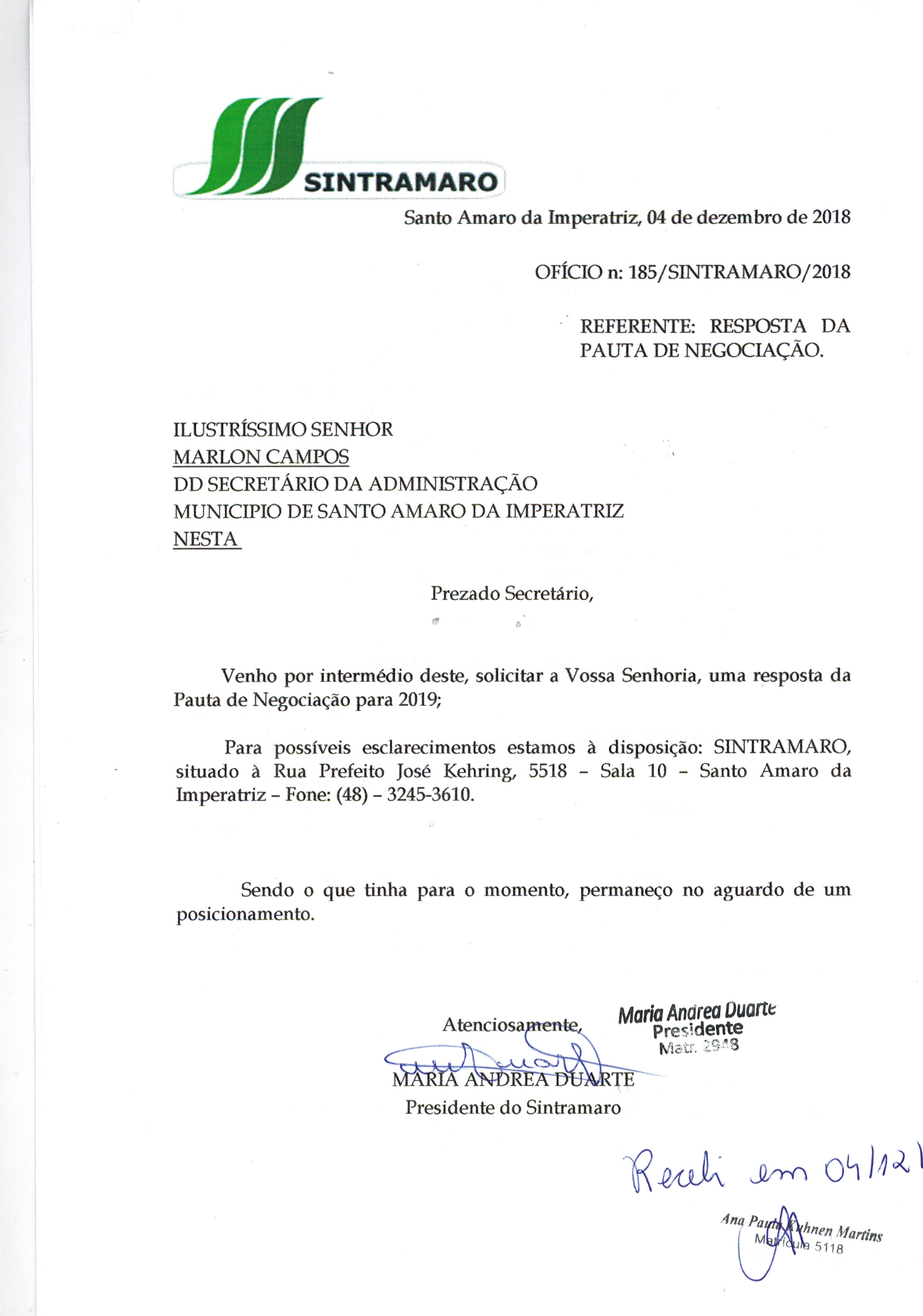 OFICIO N° 185 REFERENTE NOSSA DATA BASE NEGOCIAÇÃO COM A PREFEITURA STO. DA IMPERATRIZ 2019