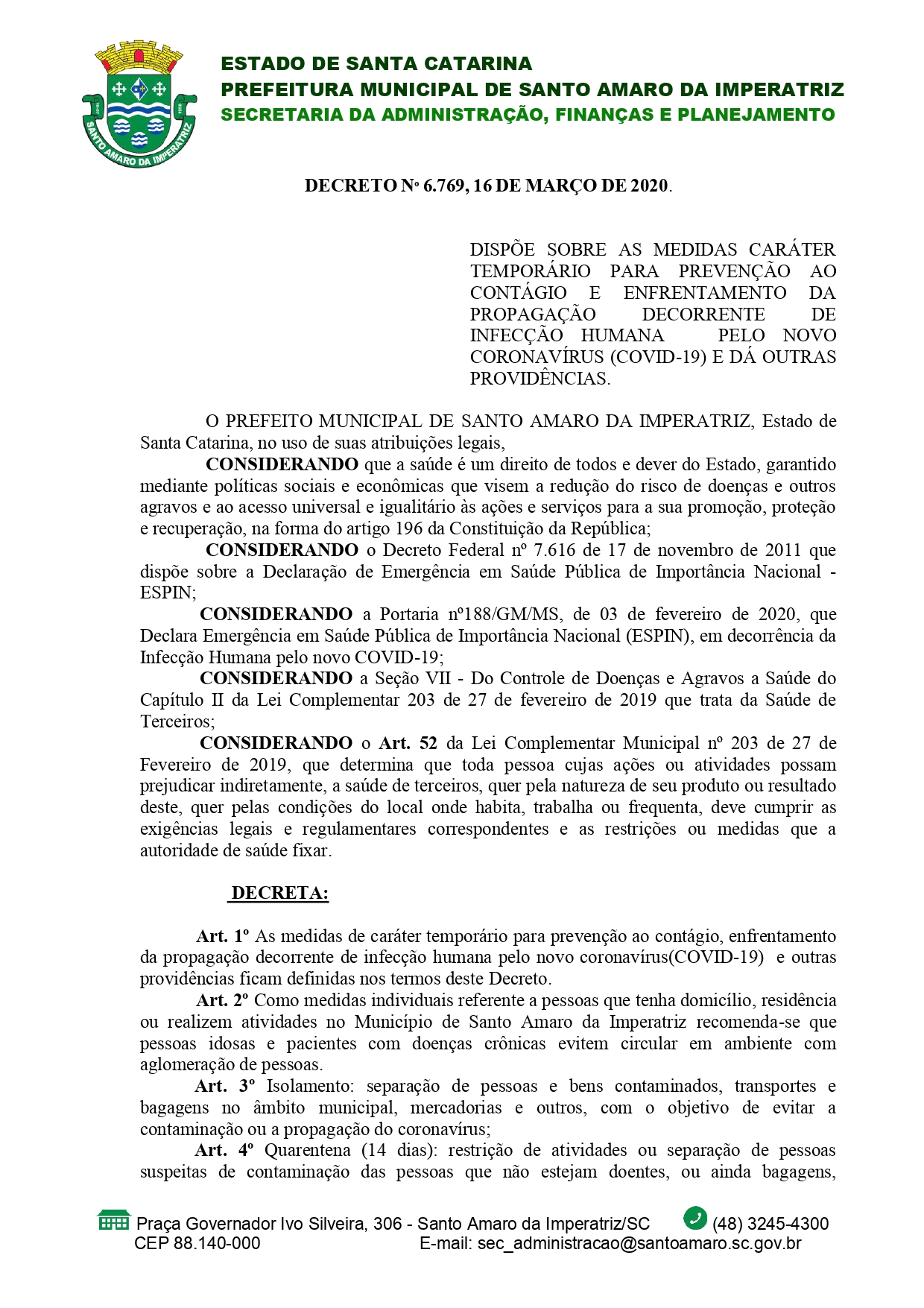 CORONAVÍRUS DECRETO PREFEITURA