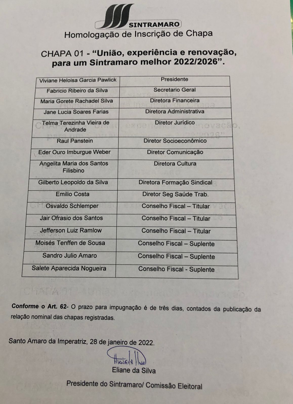 HOMOLOGAÇÃO DE INSCRIÇÃO DE CHAPA